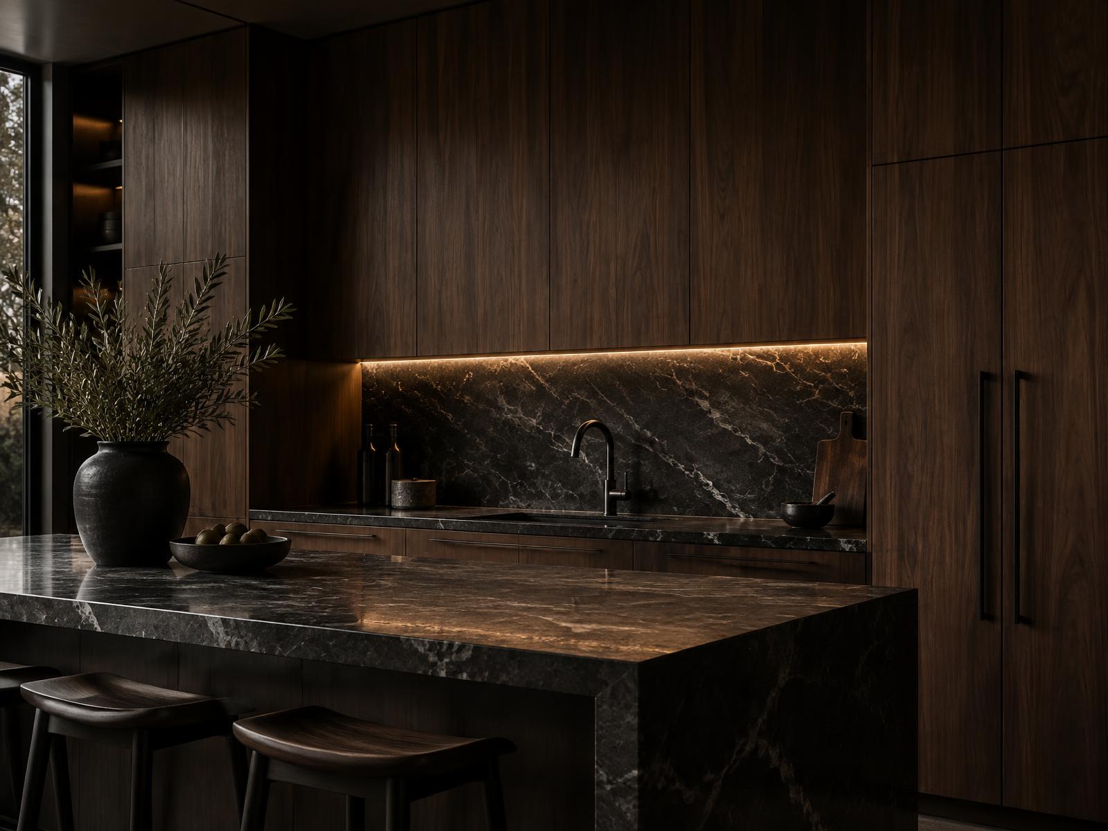Dark walnut cabinetry with stone counters, installed and aligned